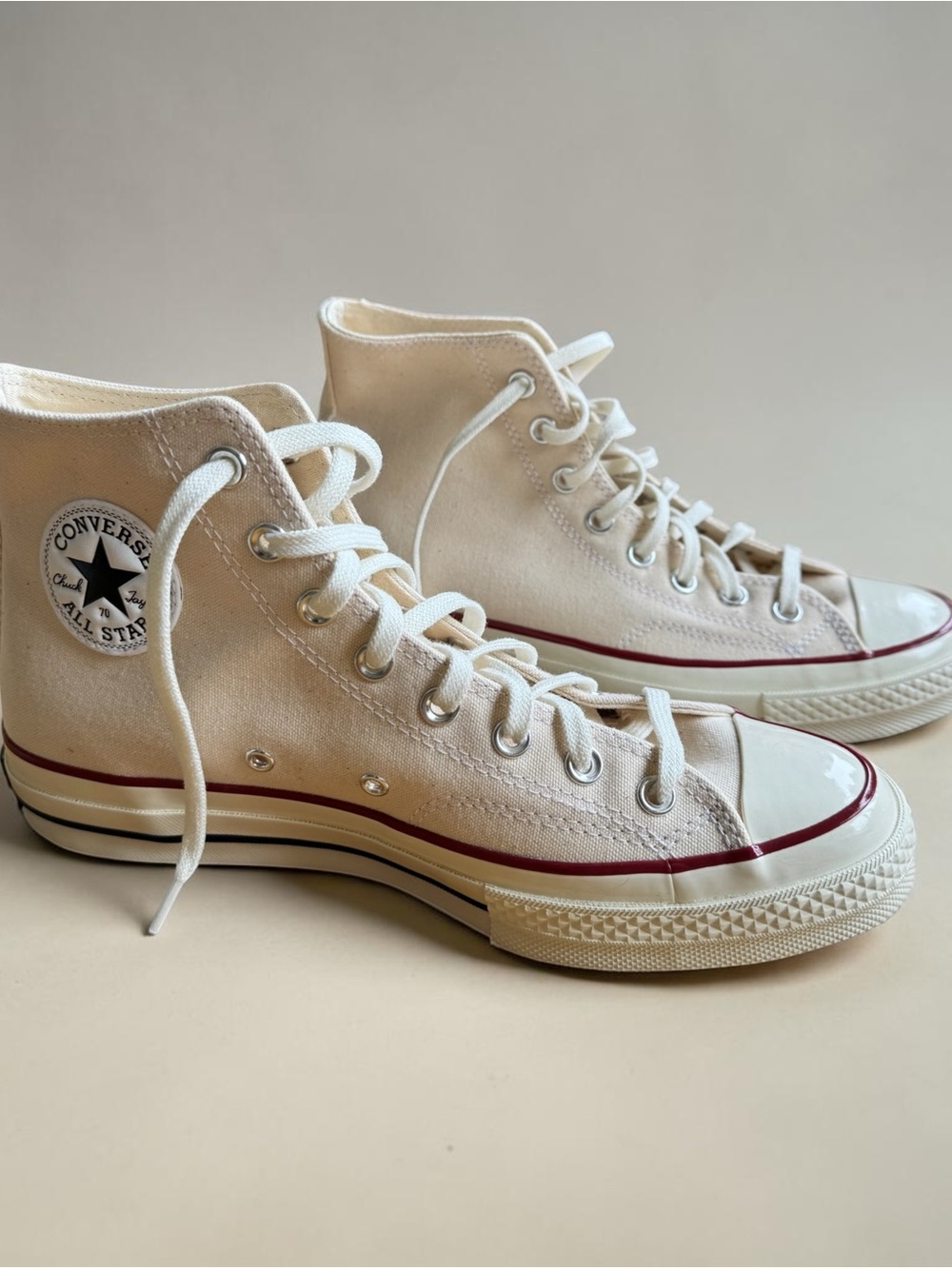 Converse High Top Canvas Sneakers in Off-White with Red Trim